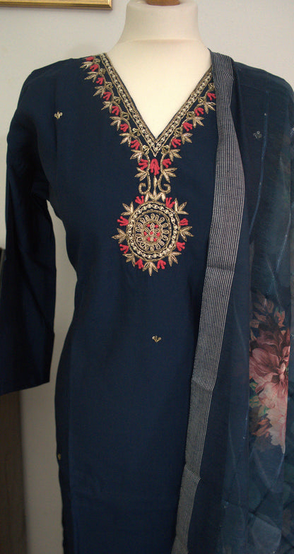Semi Party Wear 3 piece set - Kurti, bottom and dupatta - Navi Blue