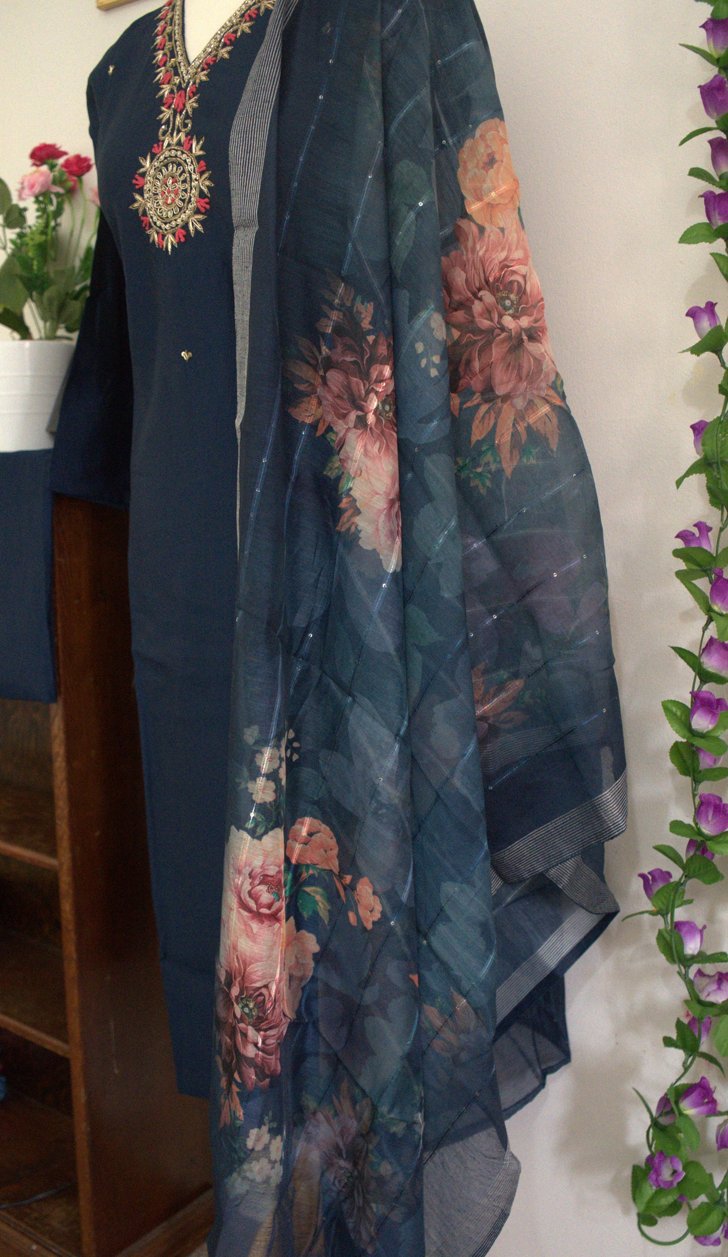 Semi Party Wear 3 piece set - Kurti, bottom and dupatta - Navi Blue