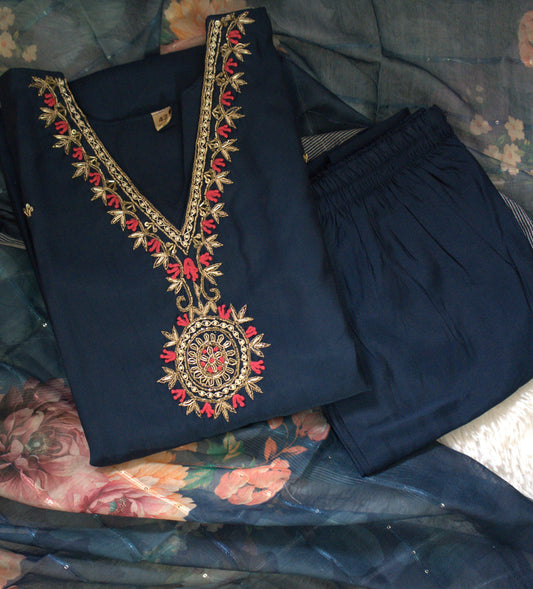 Semi Party Wear 3 piece set - Kurti, bottom and dupatta - Navi Blue