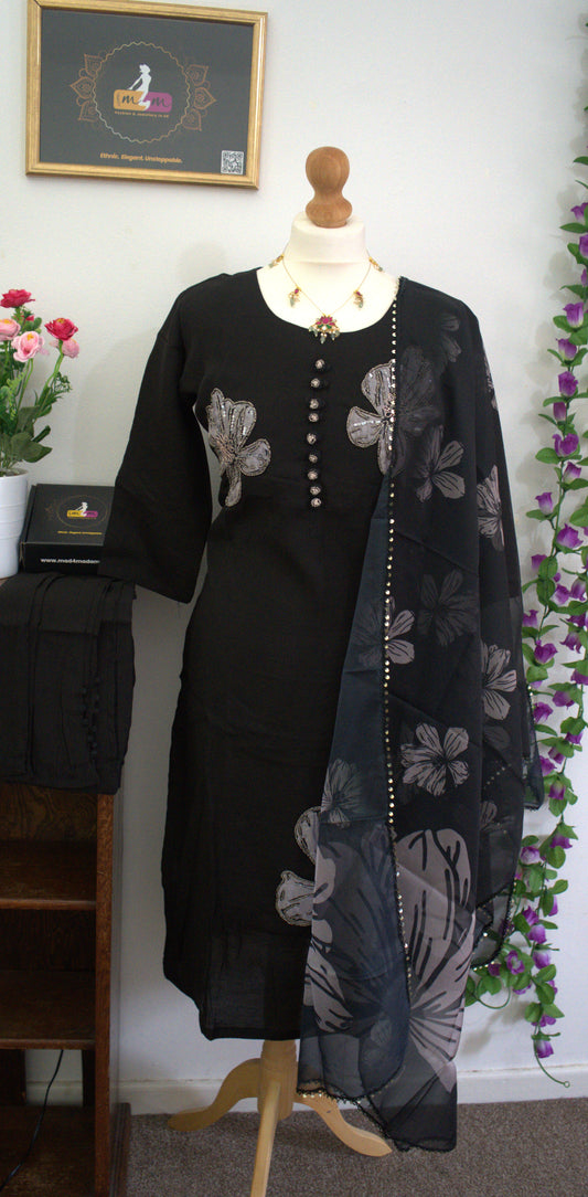 Designer Party Wear 3 piece set - Kurti, bottom and dupatta -Black