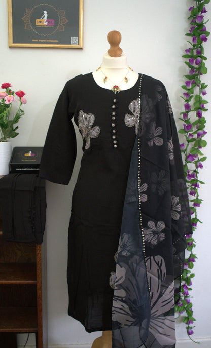Designer Party Wear 3 piece set - Kurti, bottom and dupatta -Black