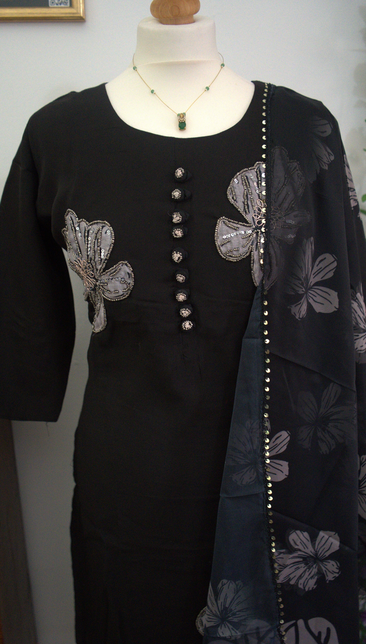 Designer Party Wear 3 piece set - Kurti, bottom and dupatta -Black