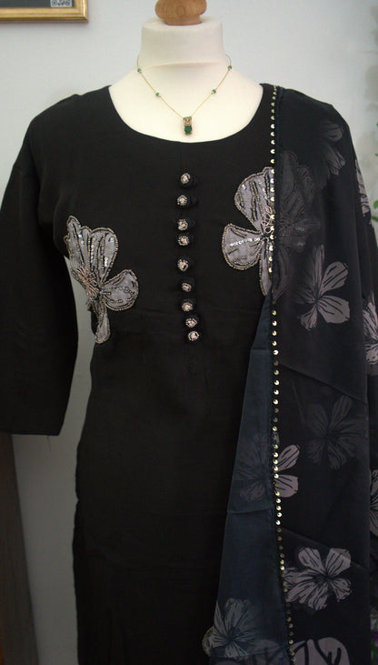 Designer Party Wear 3 piece set - Kurti, bottom and dupatta -Black