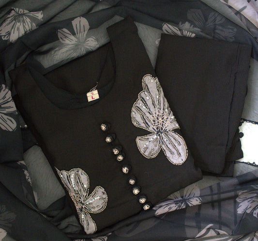 Designer Party Wear 3 piece set - Kurti, bottom and dupatta -Black