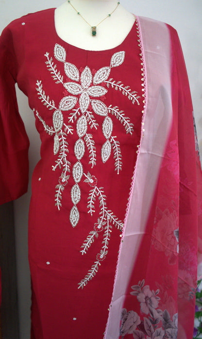 Designer Party Wear 3 piece set - Kurti, bottom and dupatta -Pink