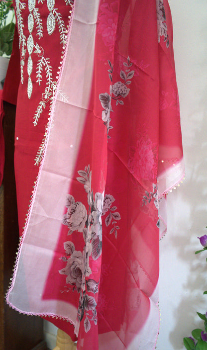 Designer Party Wear 3 piece set - Kurti, bottom and dupatta -Pink