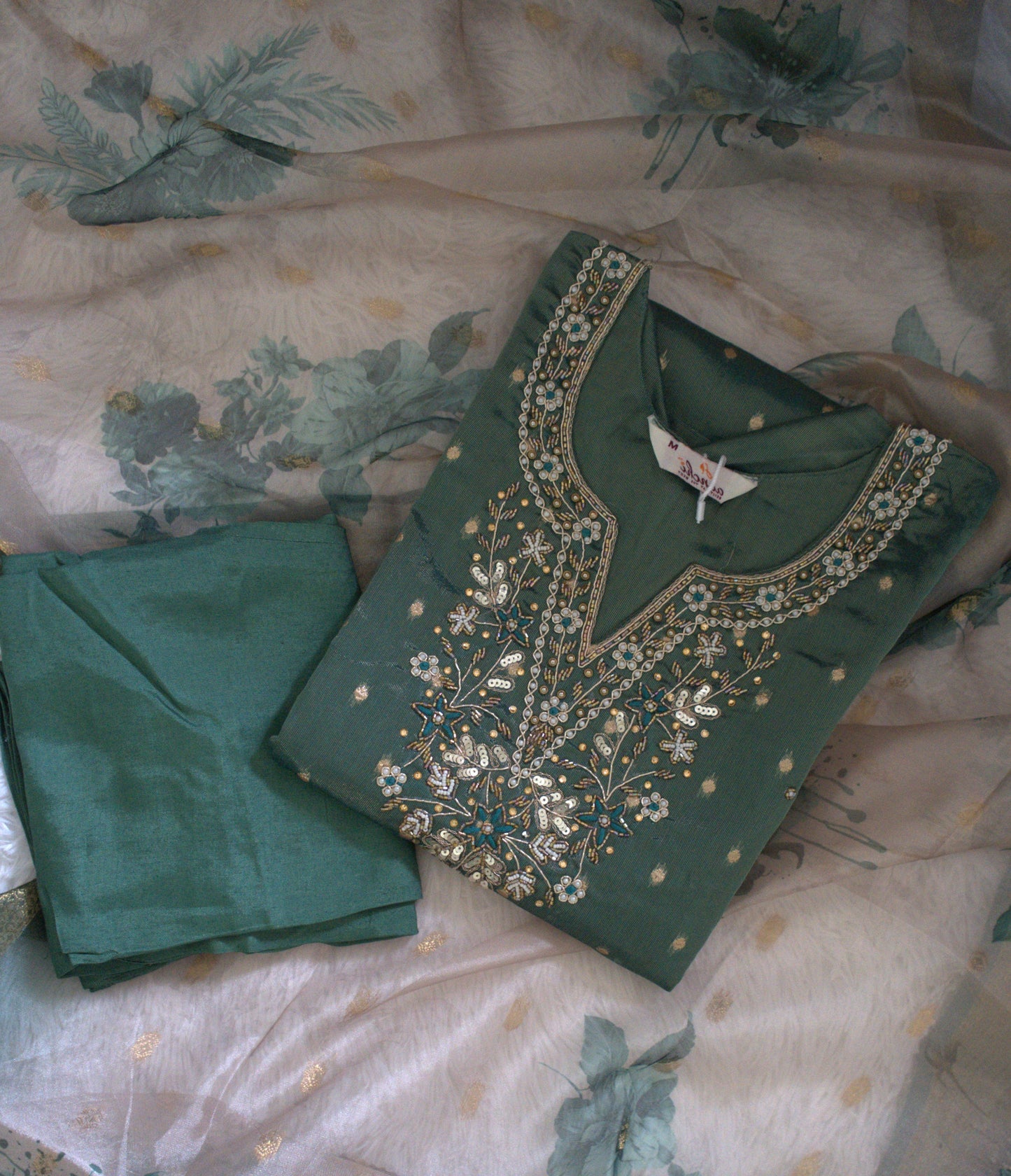 Designer Party Wear 3 piece set - Kurti, bottom and dupatta -Green