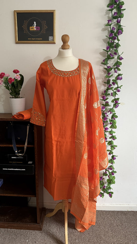 Party Wear 3 Piece Kurti Set-Top, Bottom and Dupatta-Orange
