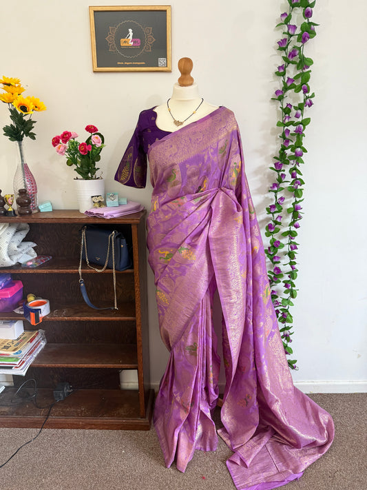 Moonga banarsi silk saree combo with stitched blouse, Purple