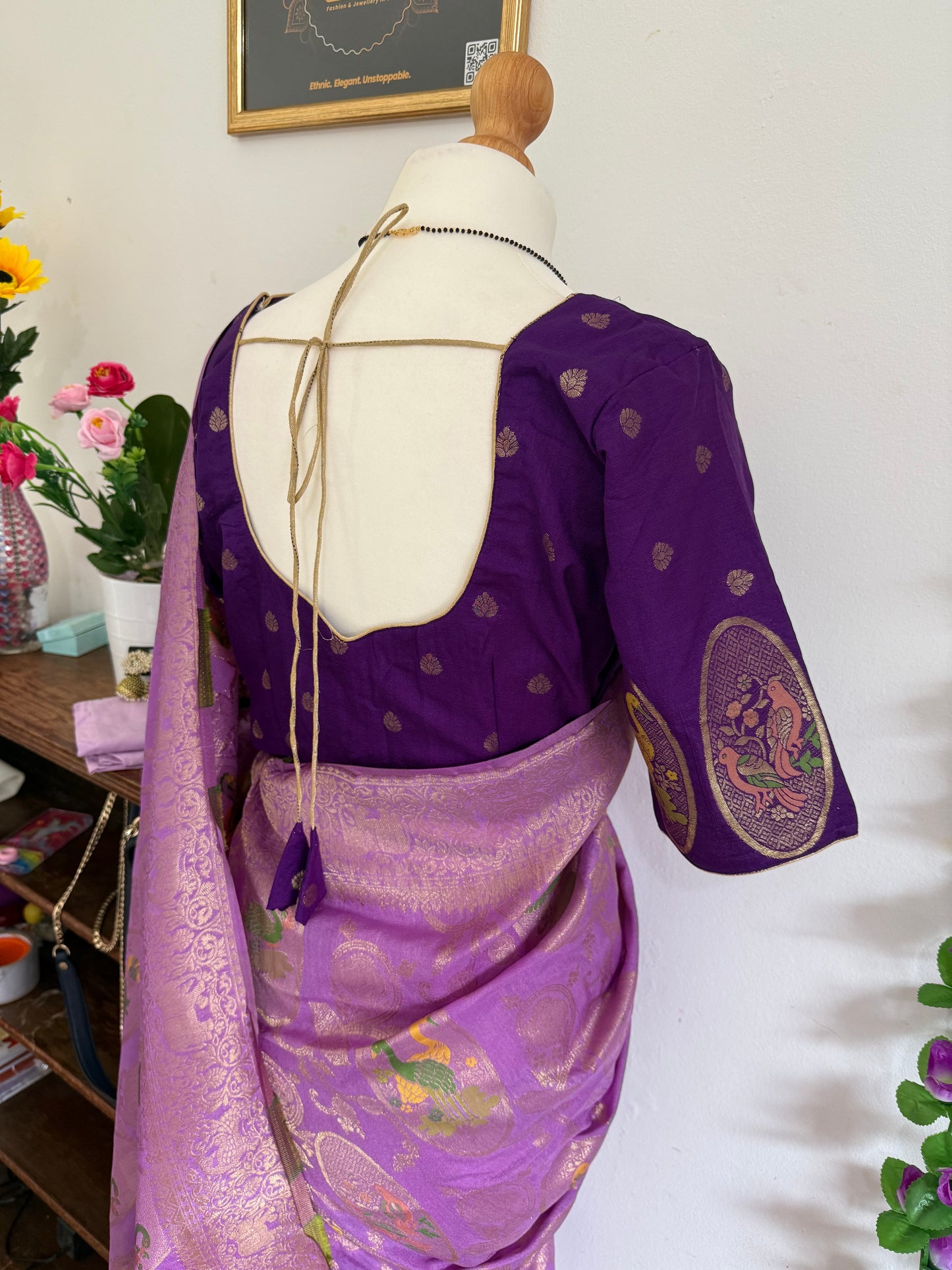 Moonga banarsi silk saree combo with stitched blouse, Purple
