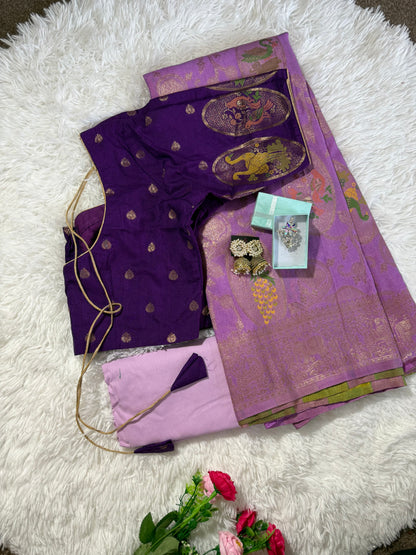 Moonga banarsi silk saree combo with stitched blouse, Purple