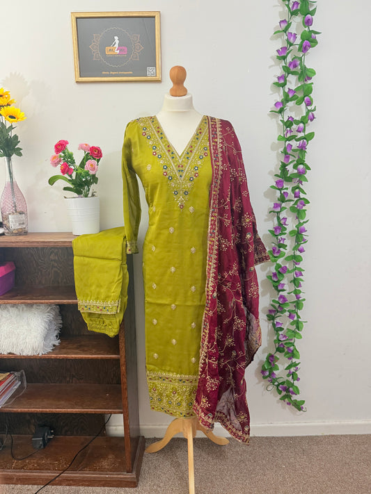 Designer 3 piece Kurti with bottom dupatta - Green