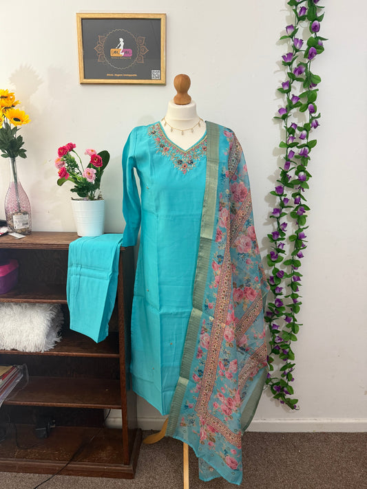 Semi Party Wear 3 piece set - Kurti, bottom and dupatta - Blue