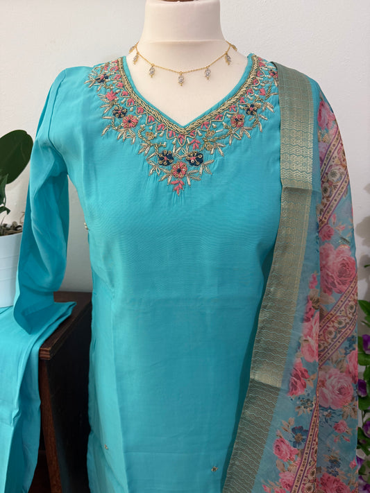 Semi Party Wear 3 piece set - Kurti, bottom and dupatta - Blue