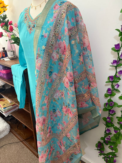 Semi Party Wear 3 piece set - Kurti, bottom and dupatta - Blue