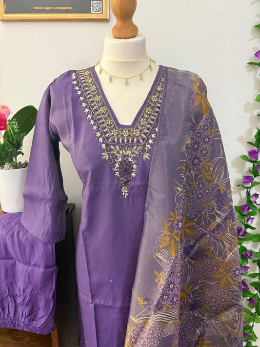 Semi Party Wear 3 piece set - Kurti, bottom and dupatta - Purple