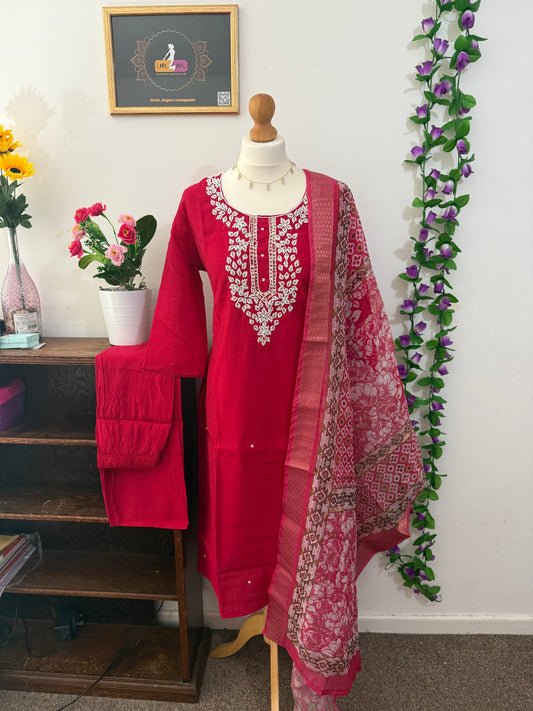 Semi Party Wear 3 piece set - Kurti, bottom and dupatta - Rani Pink