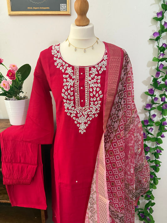 Semi Party Wear 3 piece set - Kurti, bottom and dupatta - Rani Pink