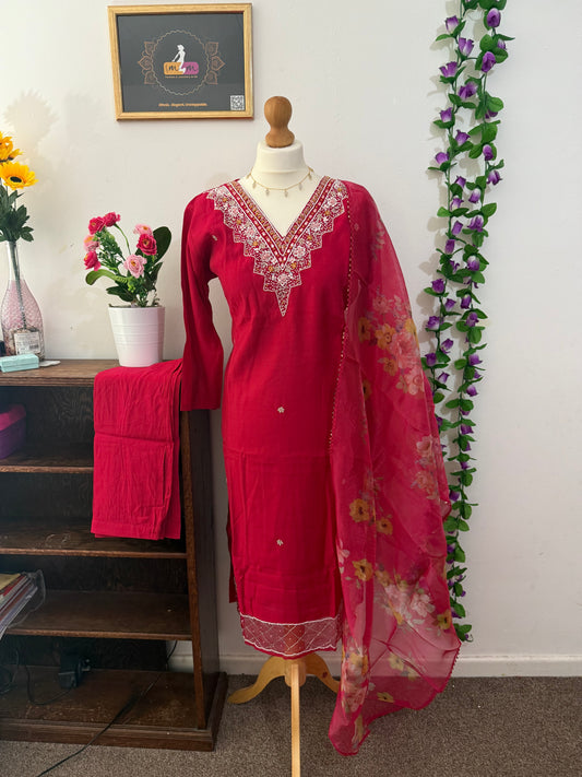 Semi Party Wear 3 piece set - Kurti, bottom and dupatta - Rani Pink