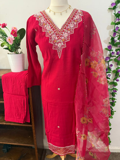 Semi Party Wear 3 piece set - Kurti, bottom and dupatta - Rani Pink