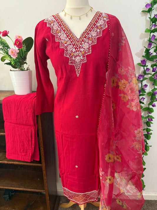 Semi Party Wear 3 piece set - Kurti, bottom and dupatta - Rani Pink