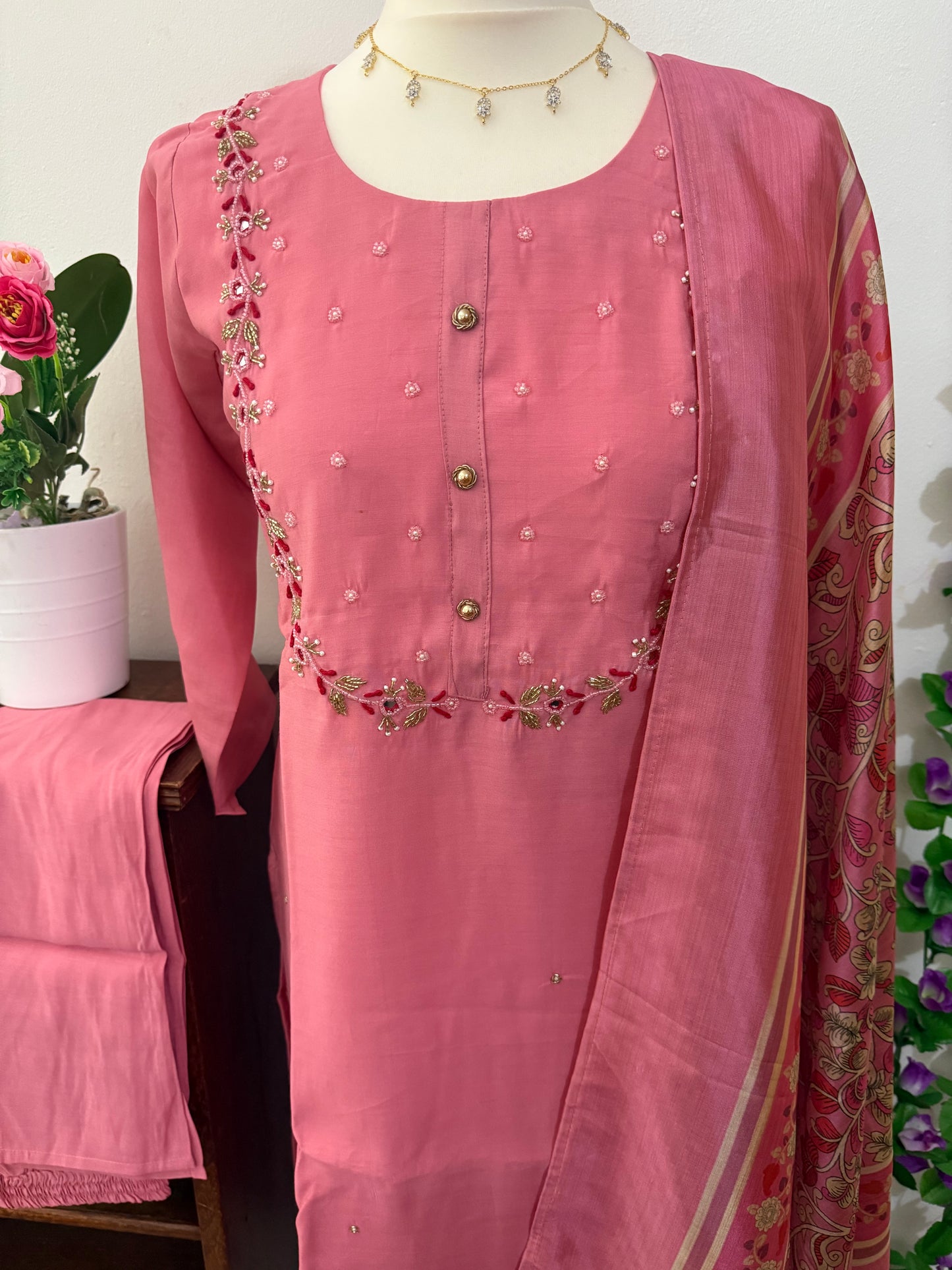 Semi Party Wear 3 piece set - Kurti, bottom and dupatta - Baby Pink
