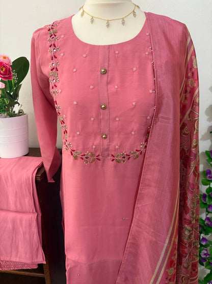 Semi Party Wear 3 piece set - Kurti, bottom and dupatta - Baby Pink