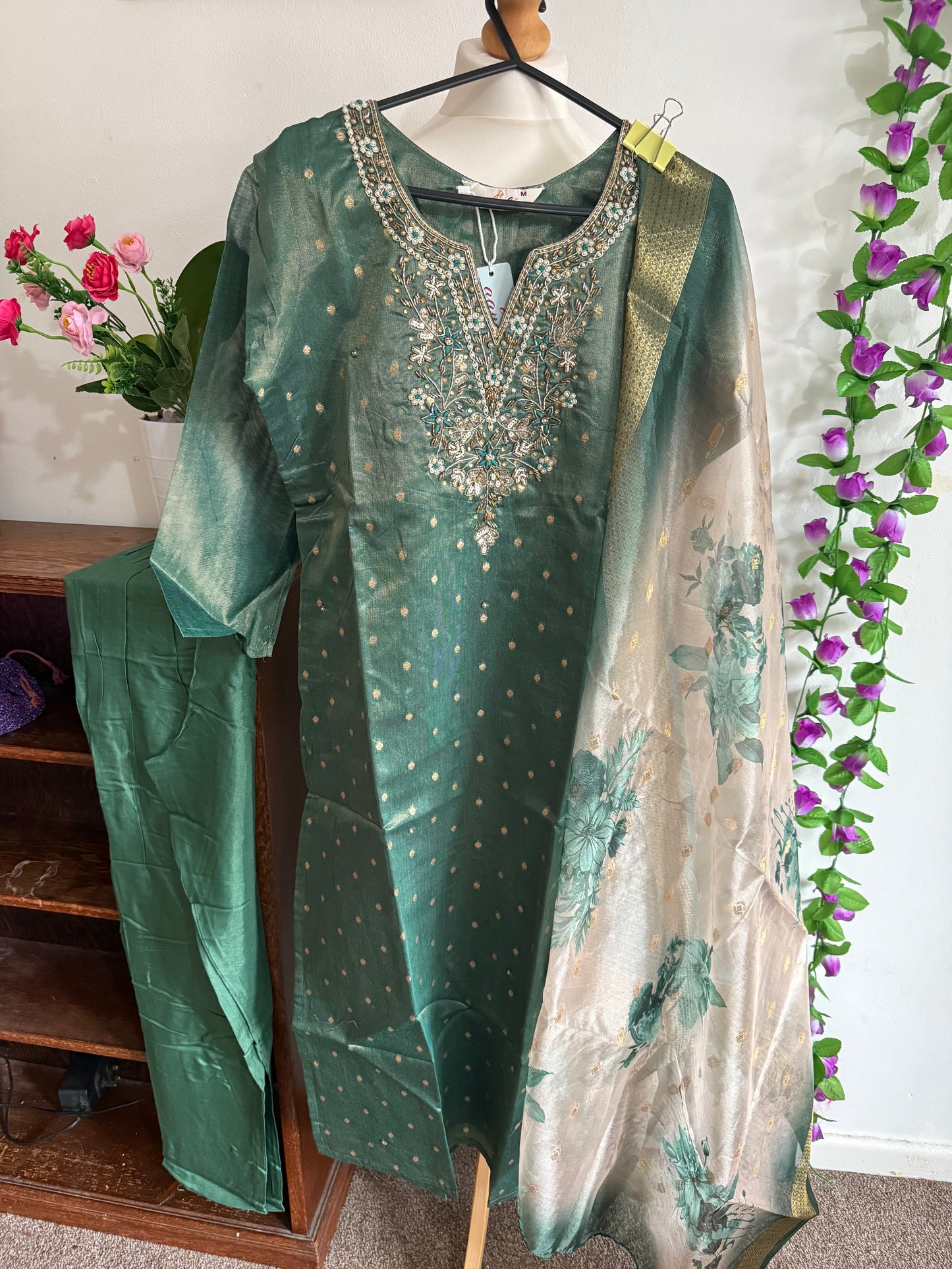Designer Party Wear 3 piece set - Kurti, bottom and dupatta -Green