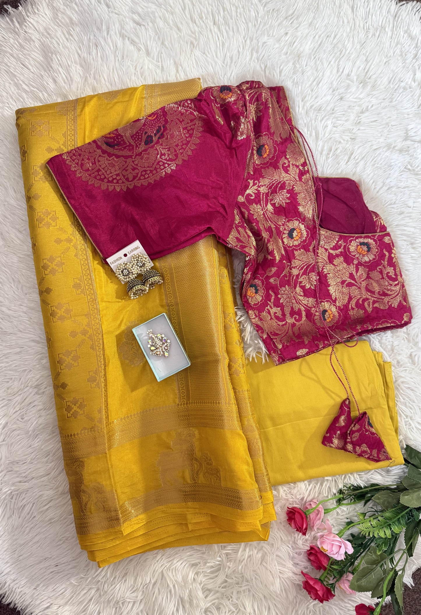 Banarasi  Weaving Silk Saree Combo- stitched blouse & matchings - Yellow & Pink