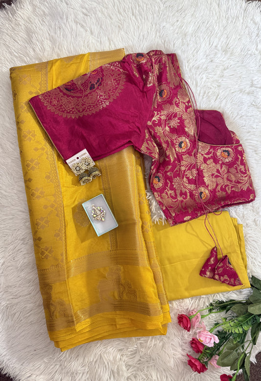 Banarasi  Weaving Silk Saree Combo- stitched blouse & matchings - Yellow & Pink
