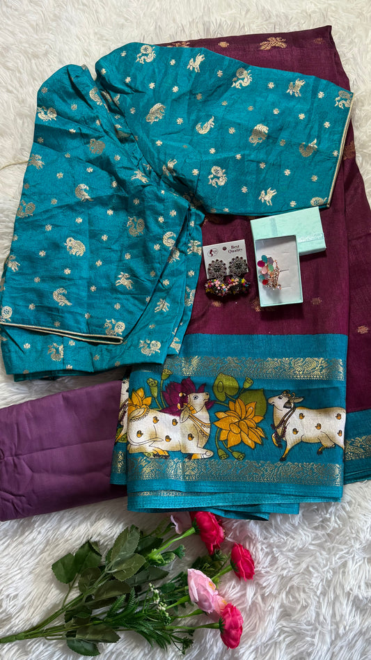 Handcrafted cow motif mangalagiri silk saree with stitched blouse - Wine-maroon & Blue