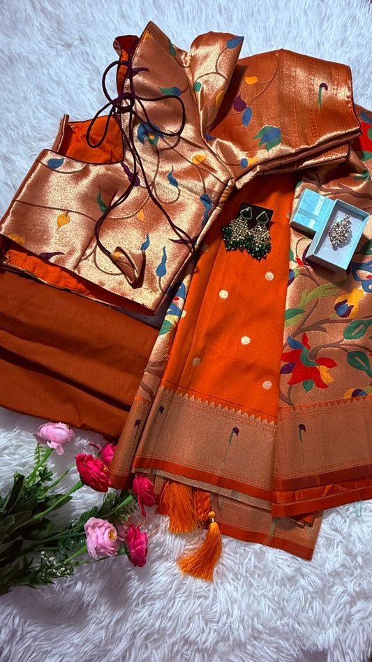 Meena Weaving Paithani Pattu Saree with Dollar Butti – Orange