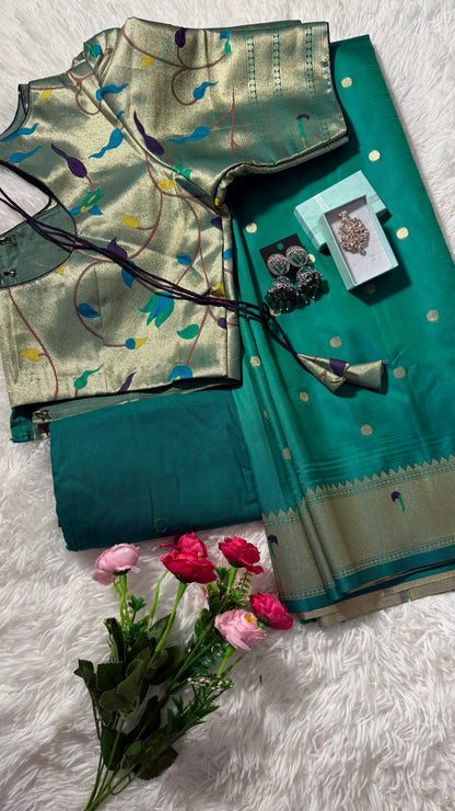 Meena weaving paithani silk with dollar buttis, woven floral pallu saree with stitched blouse – Sea Green