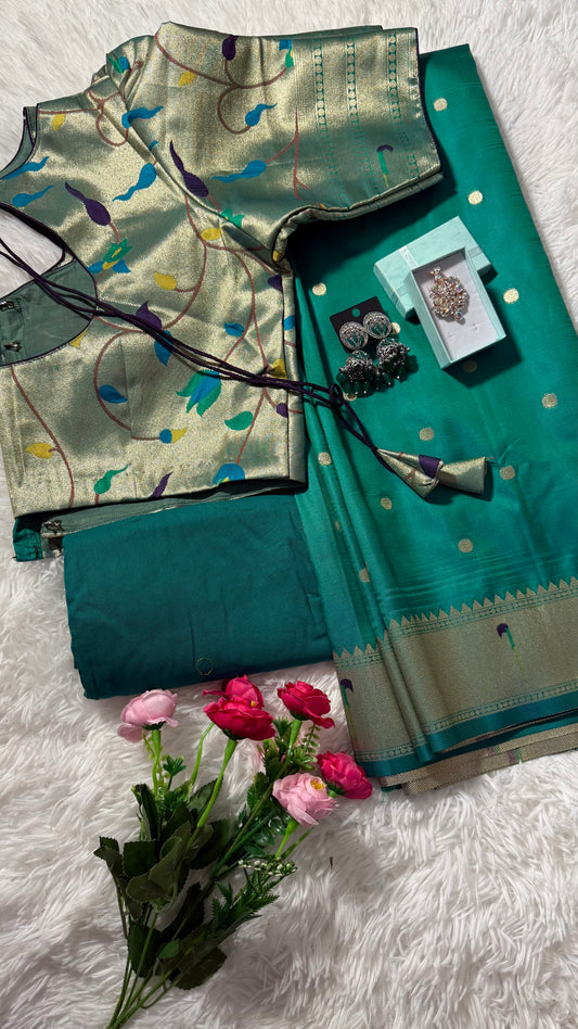 Meena weaving paithani silk with dollar buttis, woven floral pallu saree with stitched blouse – Sea Green