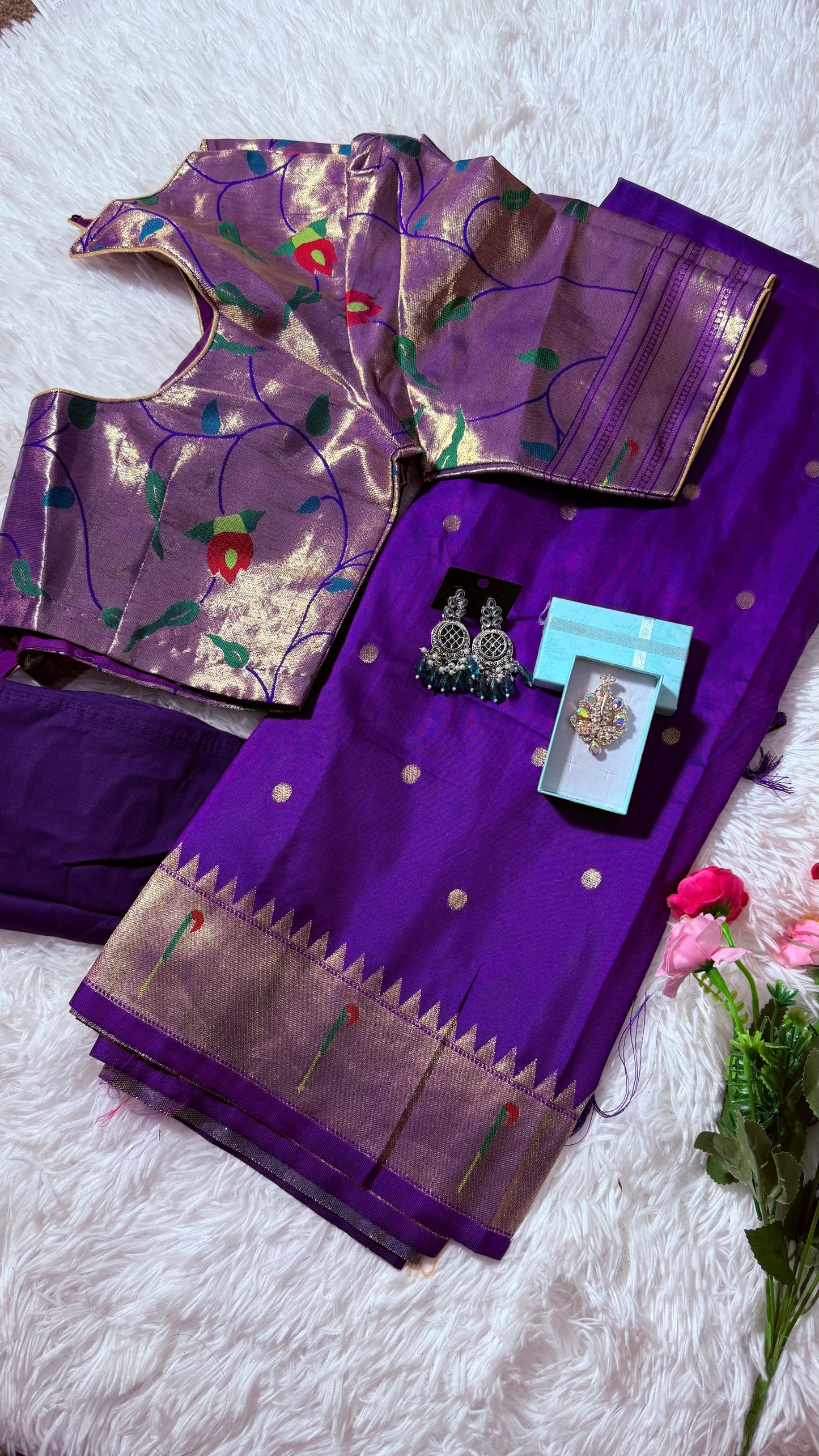Meena weaving paithani silk with dollar buttis, woven floral pallu saree with stitched blouse – Purple
