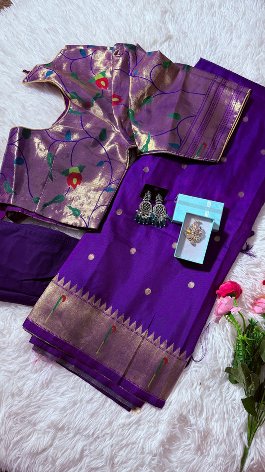Meena weaving paithani silk with dollar buttis, woven floral pallu saree with stitched blouse – Purple