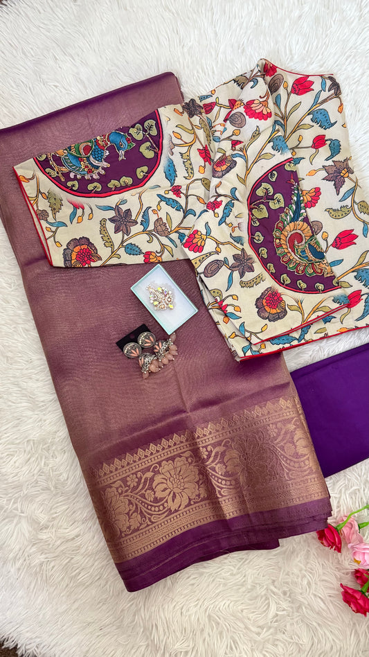 Gold Tissue Silk zari weaving Saree Combo-stitched blouse & matchings- Purple