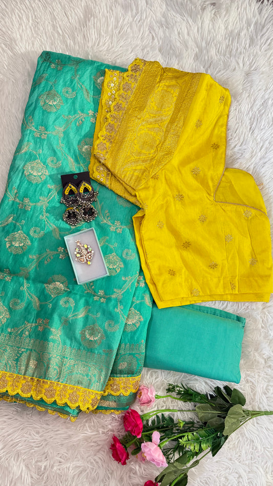 Banarasi Dola Silk Saree with Contrast Scallop Border with Stitched Blouse-Green & Yellow