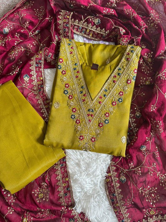 Designer 3 piece Kurti with bottom dupatta - Green