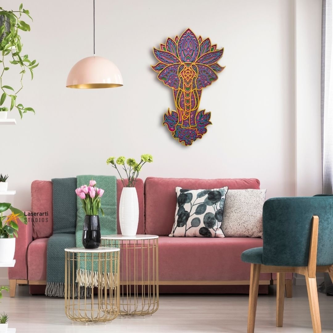 Colourful Standing Elephant With Lotus Multilayer Mandala Wall Hanging Art
