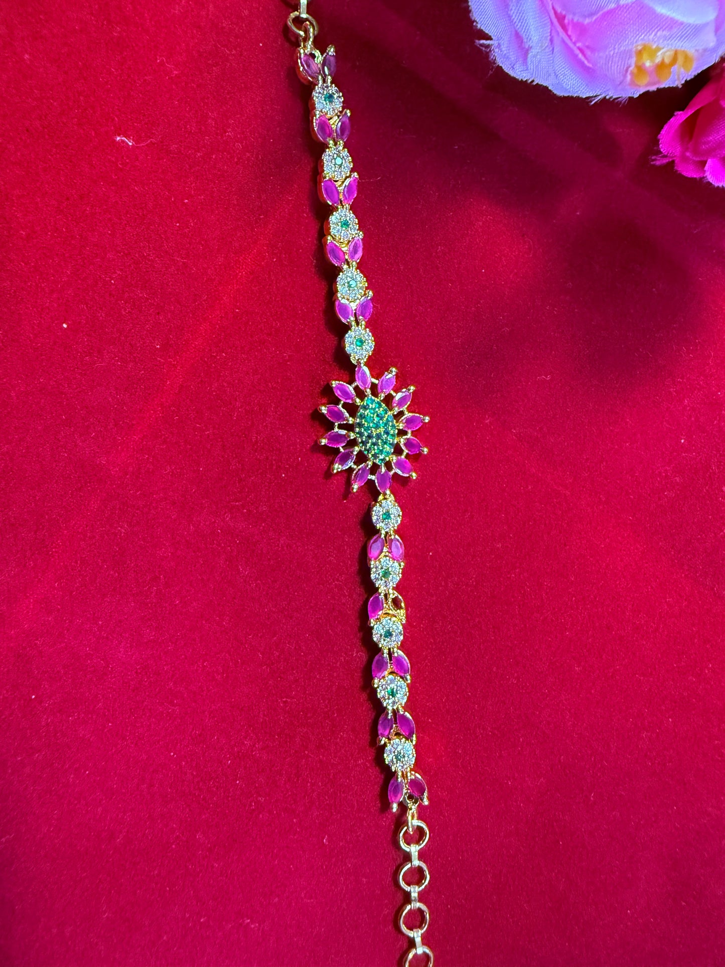 Gold-Finish Pink Kundan Bracelet with Intricate Meenakari Detailing