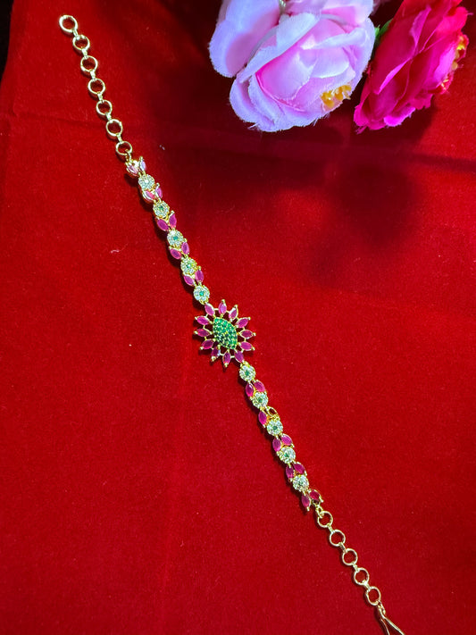Gold-Finish Pink Kundan Bracelet with Intricate Meenakari Detailing