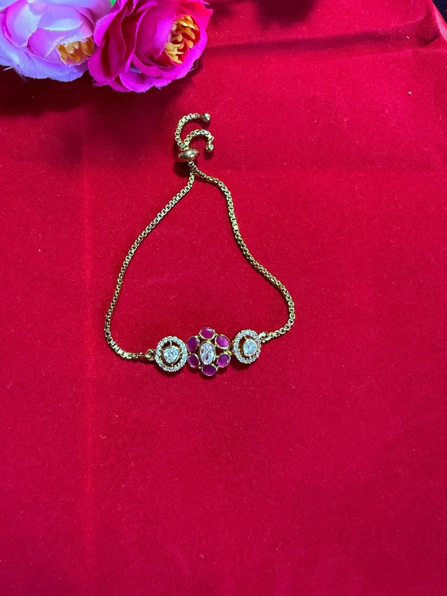 Gold-Finish Pink Kundan Bracelet with Intricate Meenakari Detailing