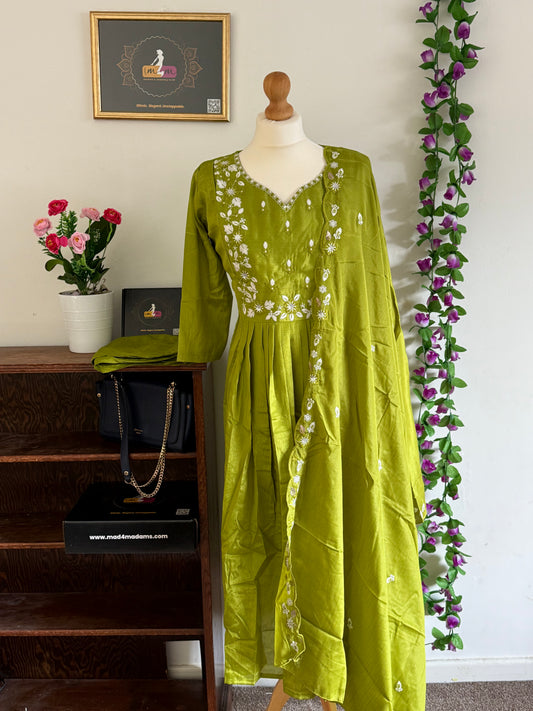 Beautiful embroidery Anarkali Chinon 3 Piece Set - Green