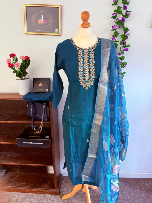 Viscose Modal Hand Work Designer 3 piece Kurti with bottom dupatta - Blue