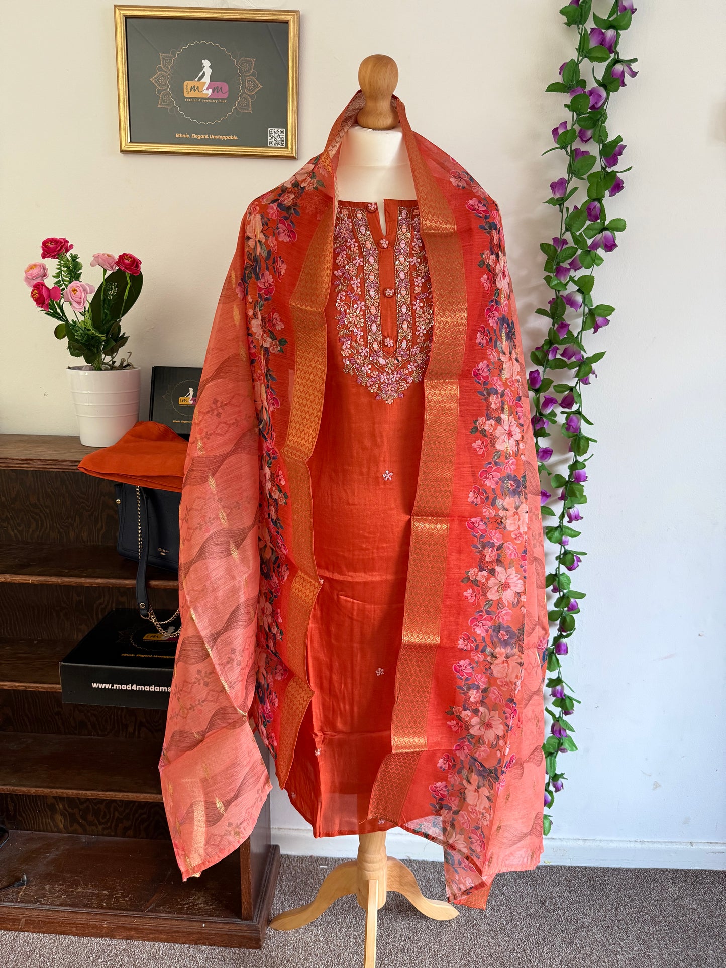 Dola Silk Designer 3 piece Kurti with bottom dupatta - Orange