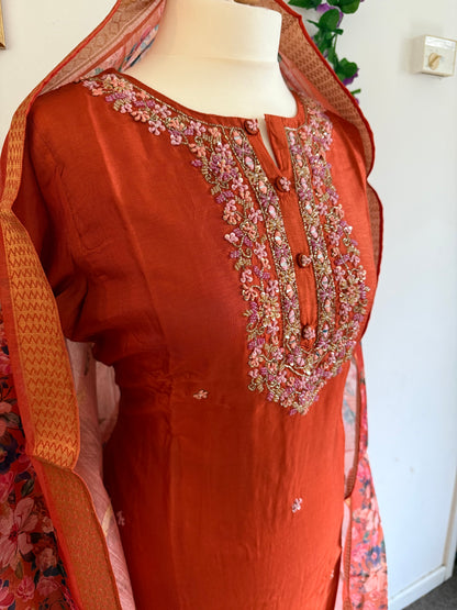 Dola Silk Designer 3 piece Kurti with bottom dupatta - Orange