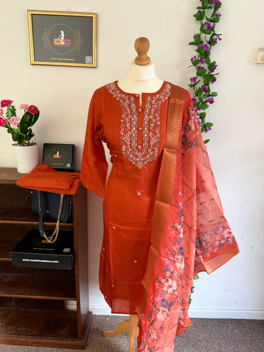 Dola Silk Designer 3 piece Kurti with bottom dupatta - Orange