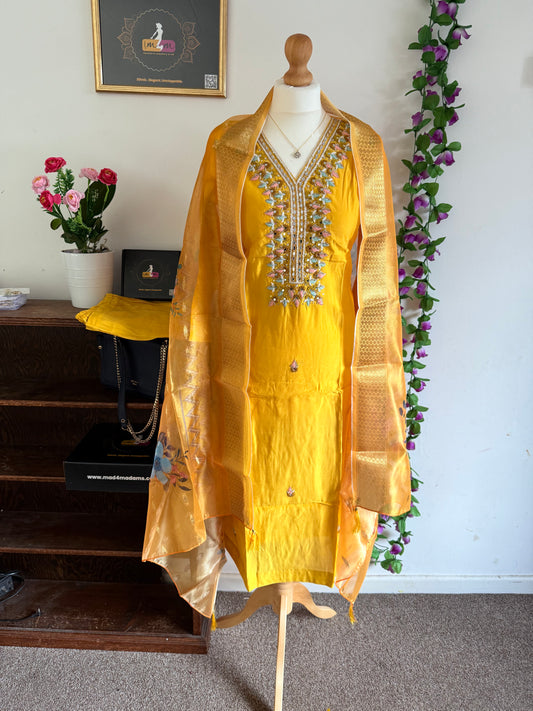 Viscose Modal Designer Hand Work 3 piece with bottom dupatta - Yellow