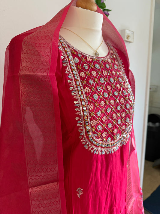 Viscose Modal Designer Hand Work 3 piece Kurti with bottom dupatta - Dark Pink